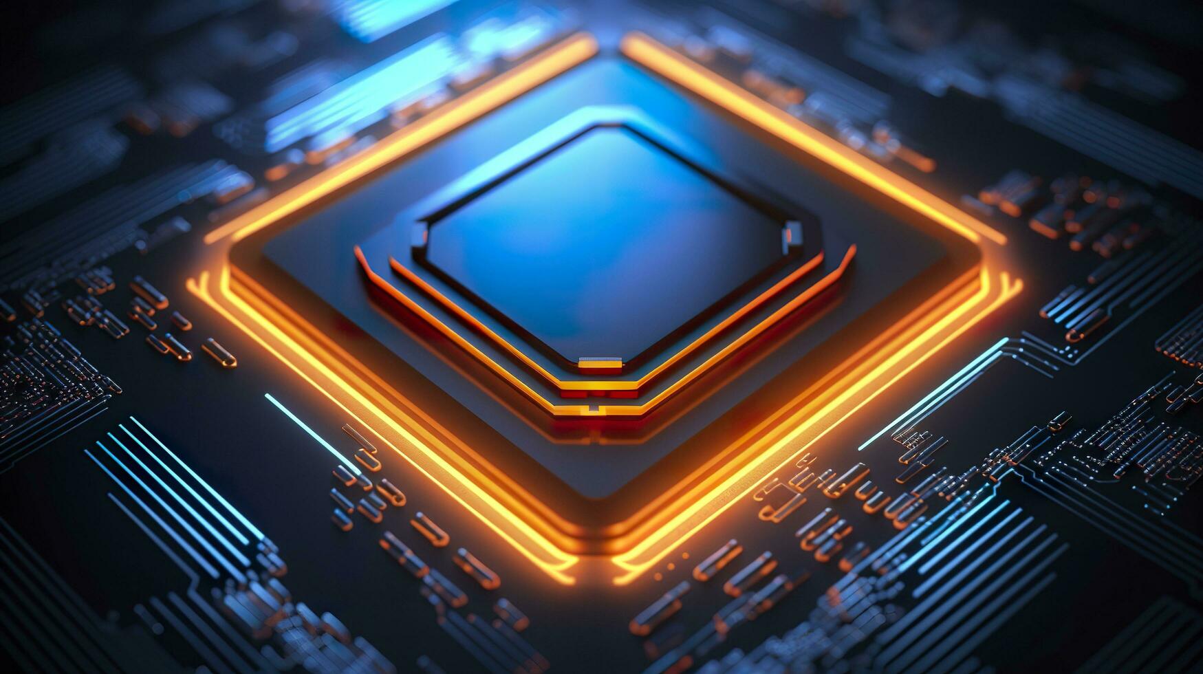 Top View of a Chip with Glowing Light and Fog in Orange and Blue. AI Generative photo