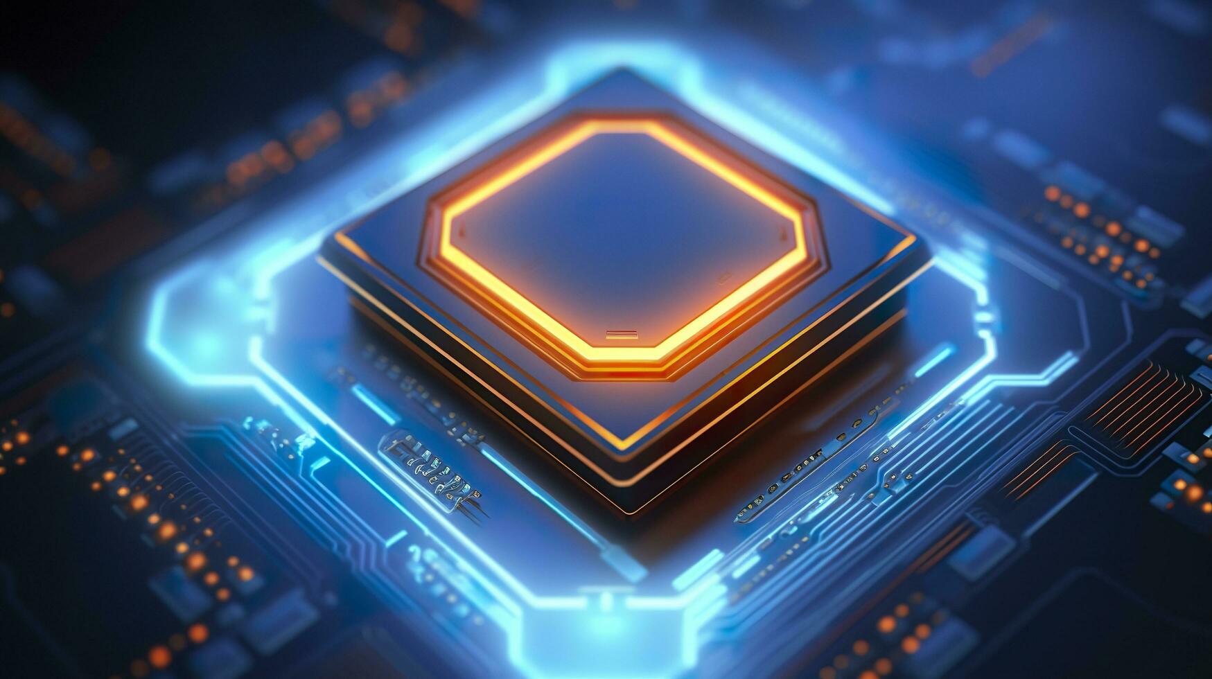 Top View of a Chip with Glowing Light and Fog in Orange and Blue. AI Generative photo