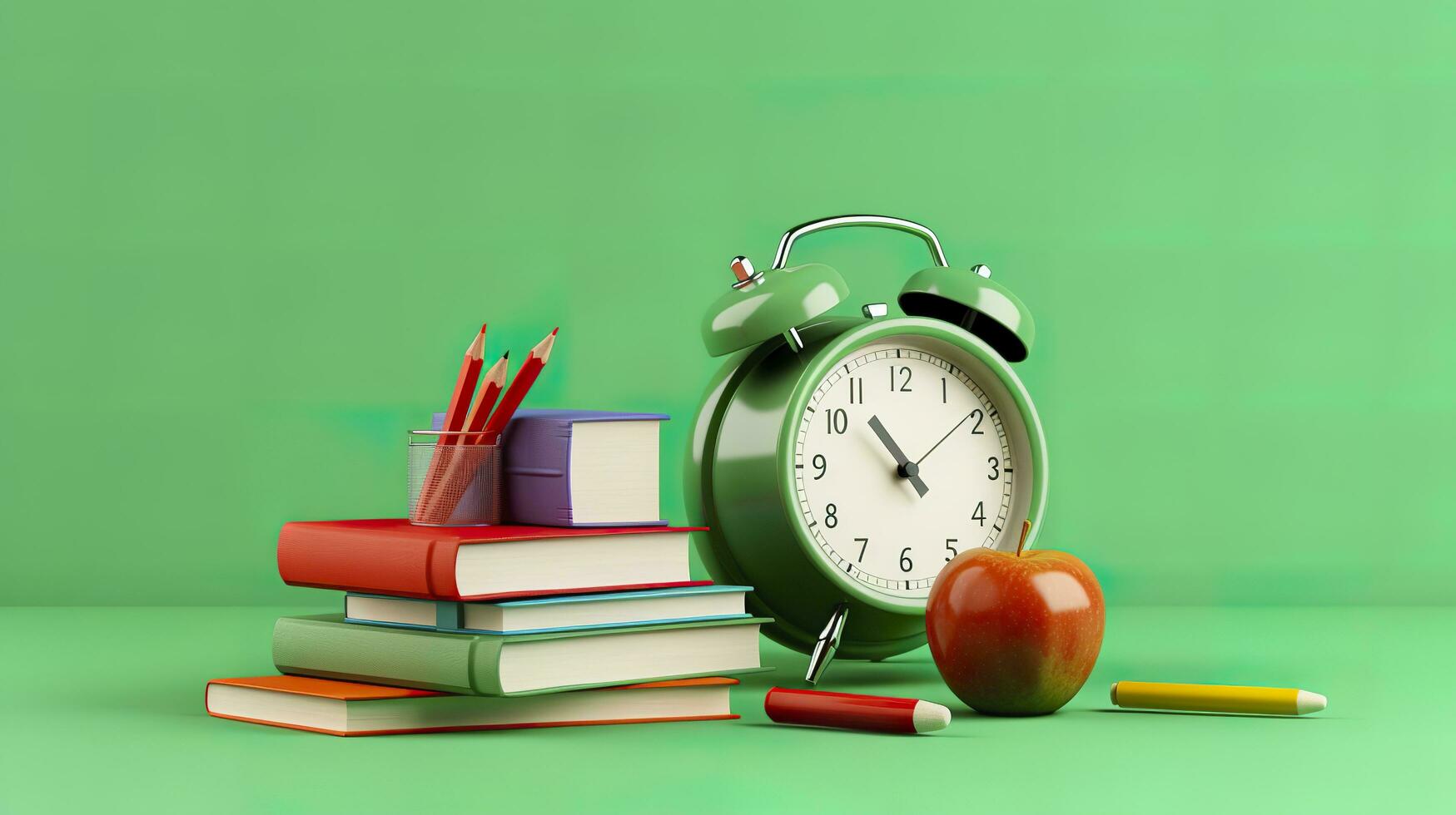 Pop art illustration of School accessories with apples, books, and an alarm clock on the School background. Back to school concept. 3D Rendering, AI Generative photo