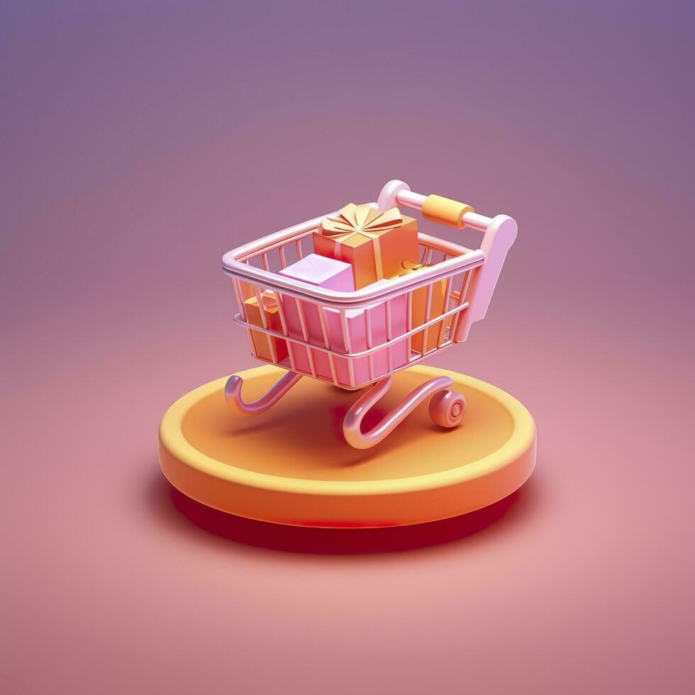 Light Orange and Pink Shopping Cart with Gift Box Icon. AI Generative photo