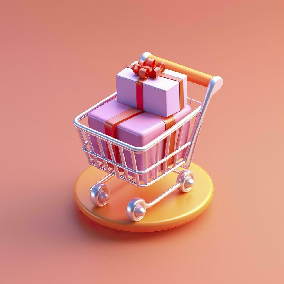 Light Orange and Pink Shopping Cart with Gift Box Icon. AI Generative photo