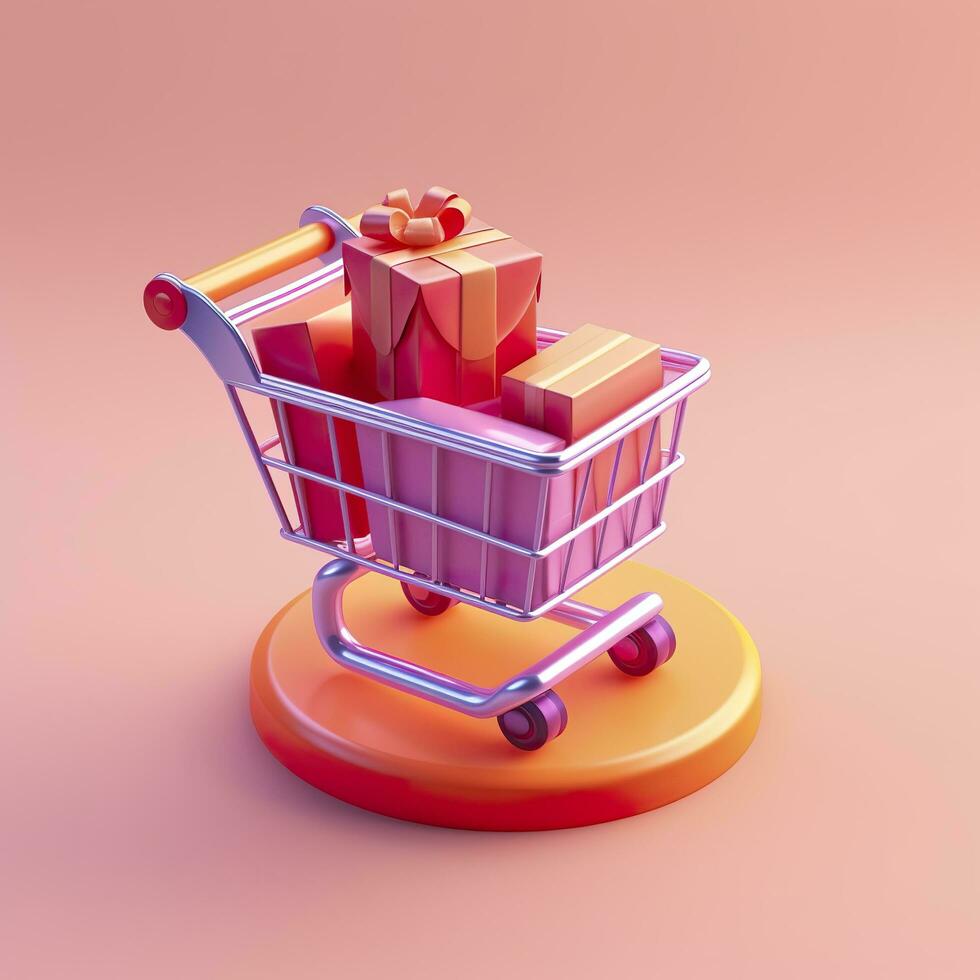 Light Orange and Pink Shopping Cart with Gift Box Icon. AI Generative photo
