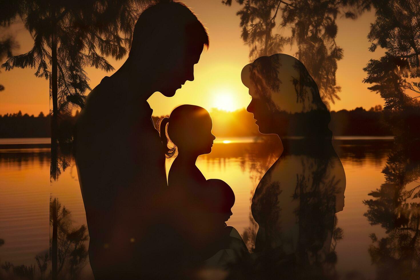 Shadow of Happy family together, parents with their little baby at sunset. A Silhouette of Love and Unity. AI Generative photo