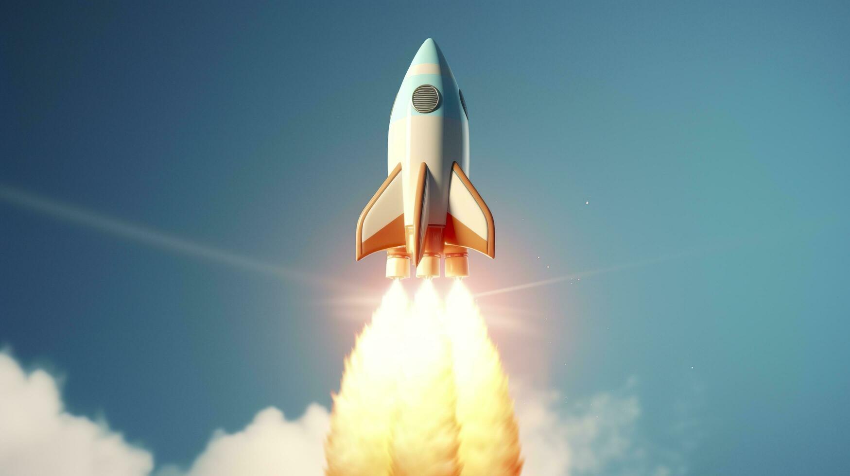 A small rocket takes off from a Laptop with vibrant color combinations in light sky blue and light gray colors for a website, business, and financial success concepts.  AI Generative photo