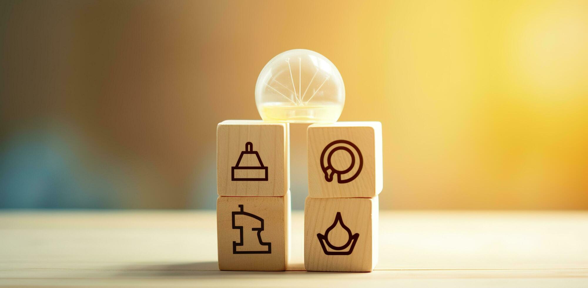 Creative idea, solution and innovation concept. Idea generation for business development. Wooden cube blocks with light bulb and cycle icons on clean background and copy space. AI Generative photo