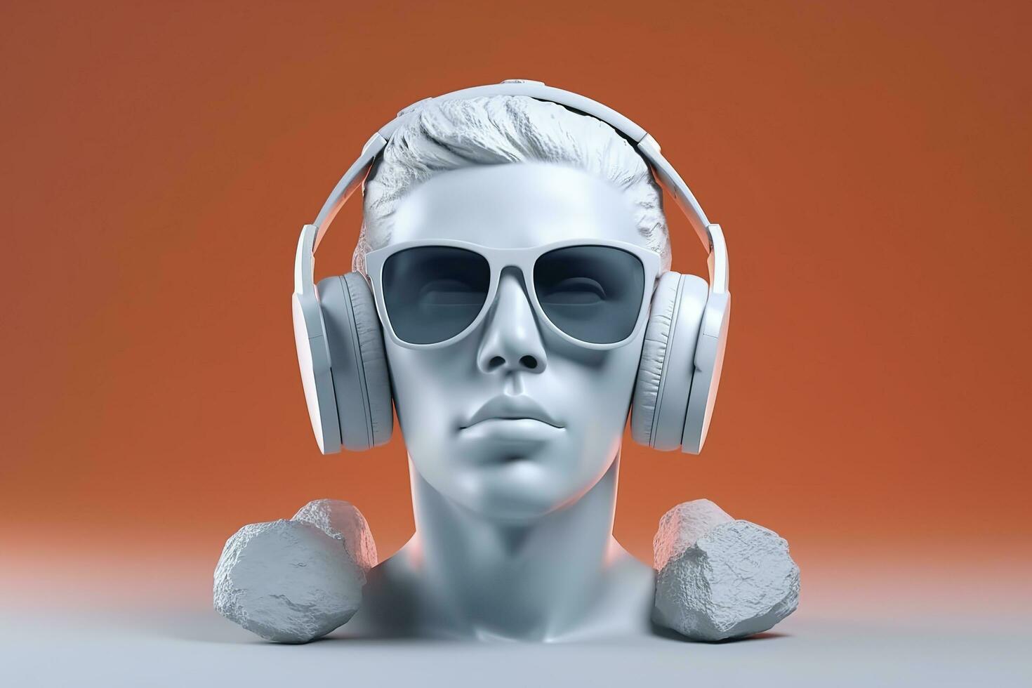 Minimal scene of sunglasses and headphones on human head sculpture, Music concept, 3d rendering. AI Generative photo