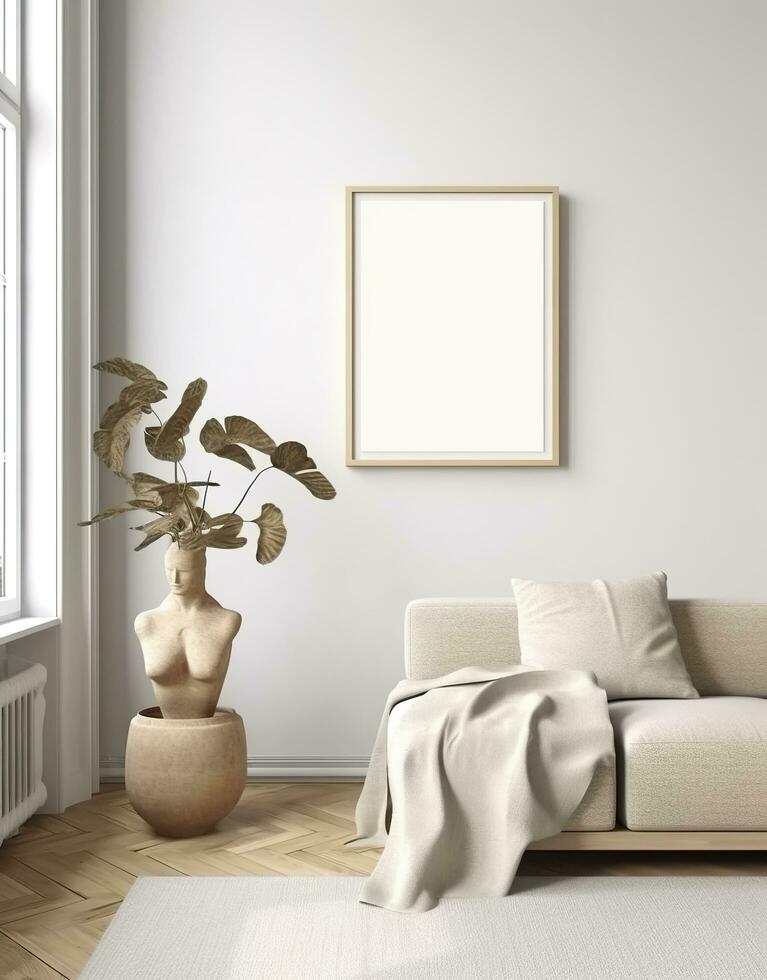 Mockup frame in contemporary Scandinavian living room interior, 3d render. AI Generative photo