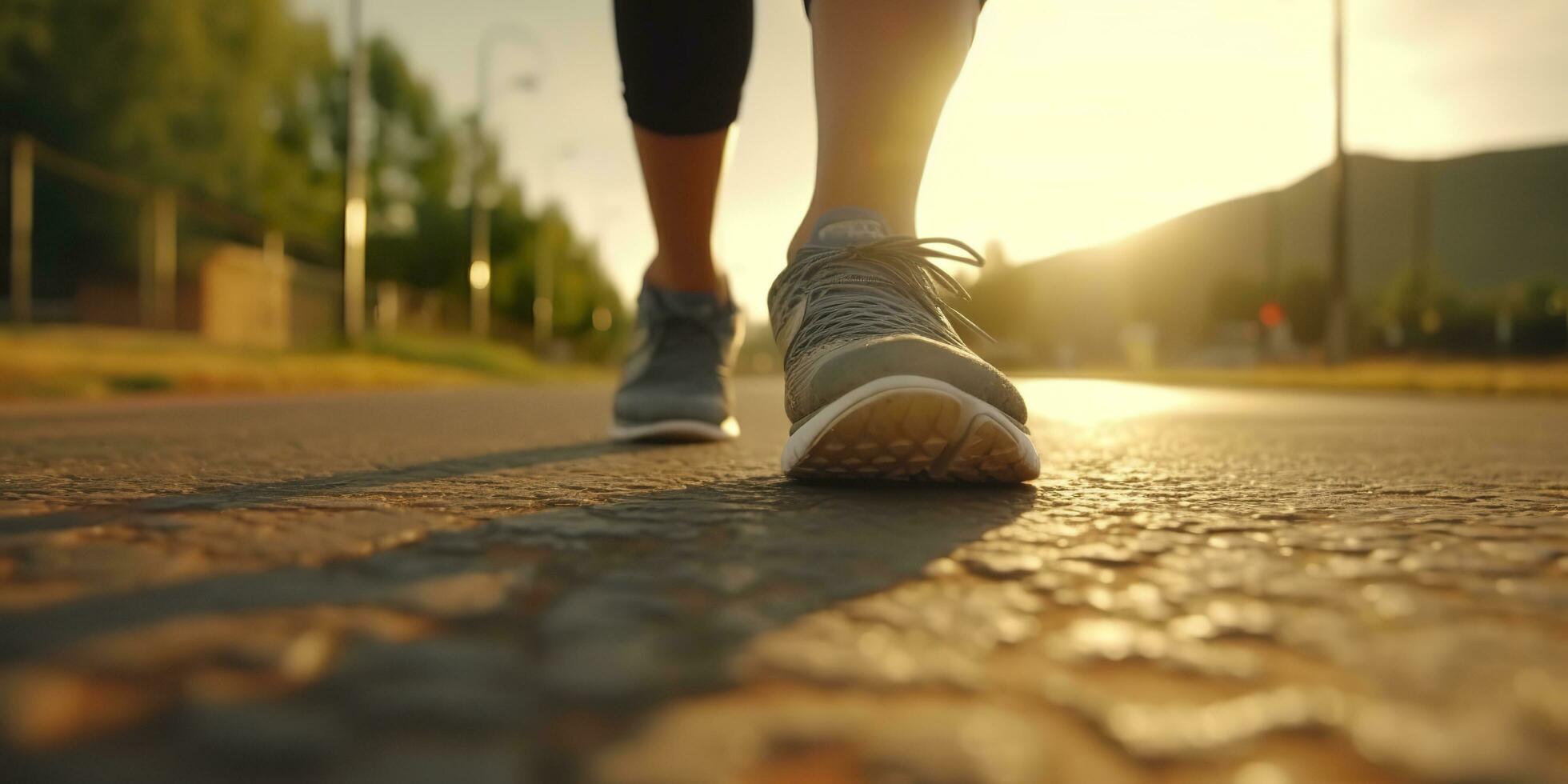 Close up on the shoe, Runner athlete feet running on the road under sunlight in the morning. AI Generative photo