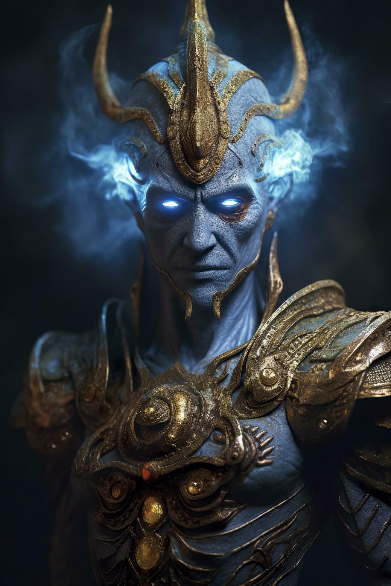 The god nemesis with blue eyes standing in front, dark bronze and light