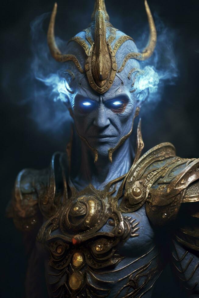 The god nemesis with blue eyes standing in front, dark bronze and light azure, AI Generative photo