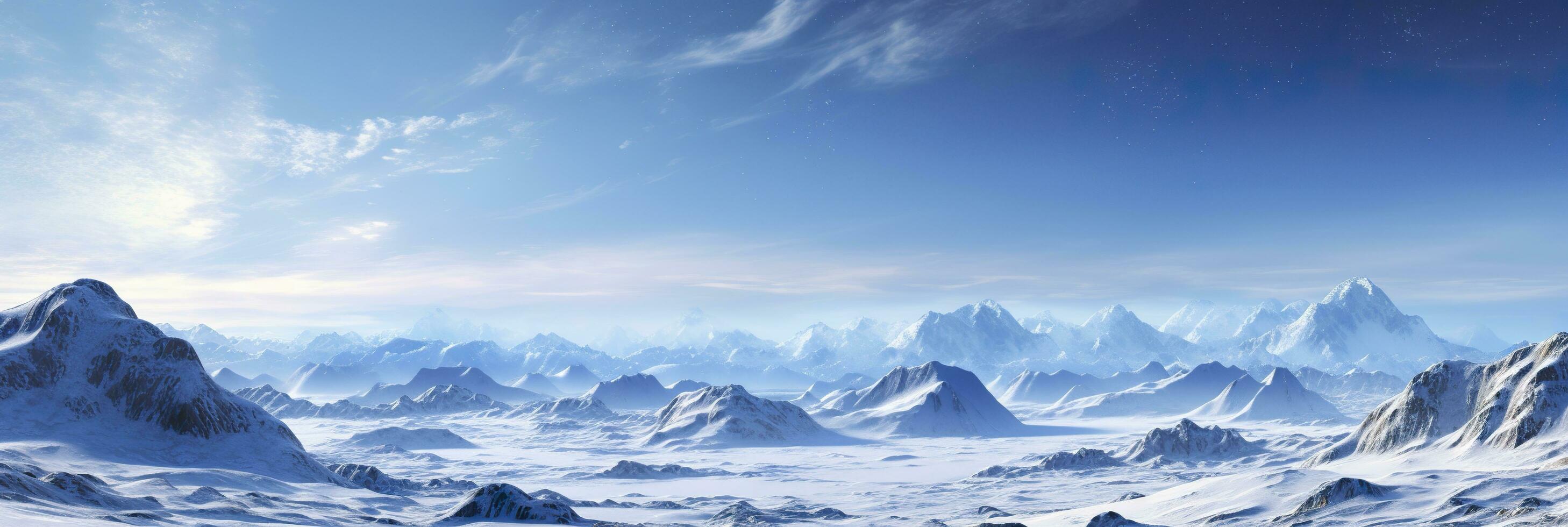 vast desolated snow land, big mountains in the background, snowfall with light blue sky and light blue colors, peaceful atmosphere,  AI Generative photo