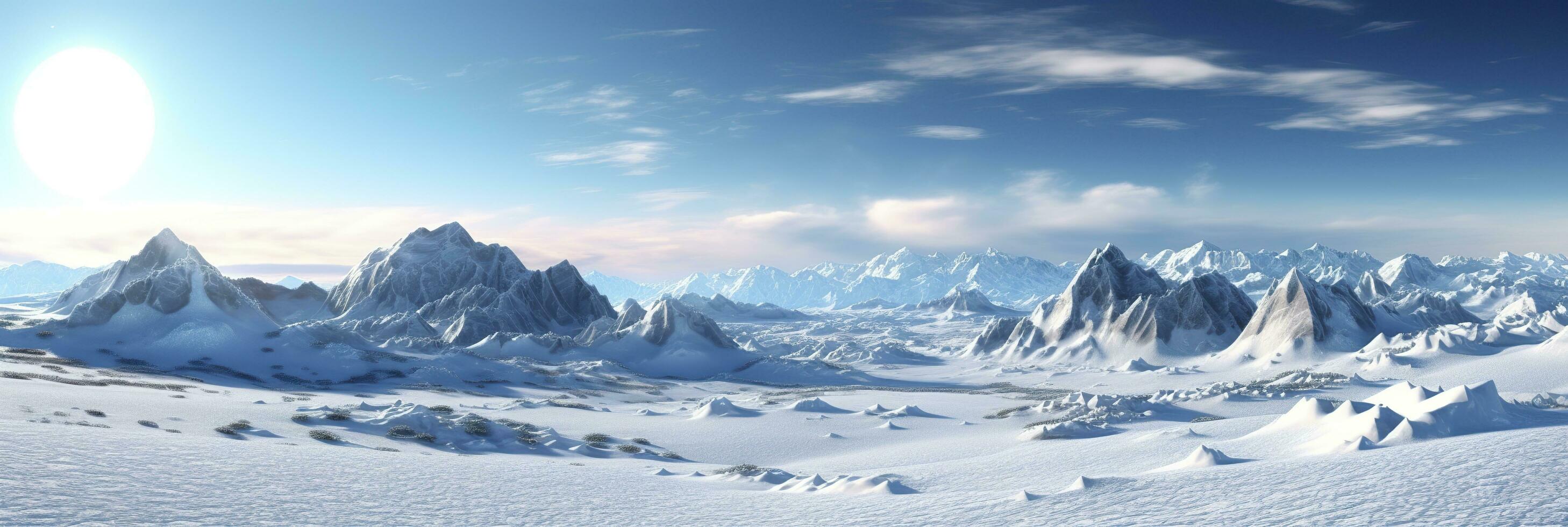 vast desolated snow land, big mountains in the background, snowfall with light blue sky and light blue colors, peaceful atmosphere,  AI Generative photo