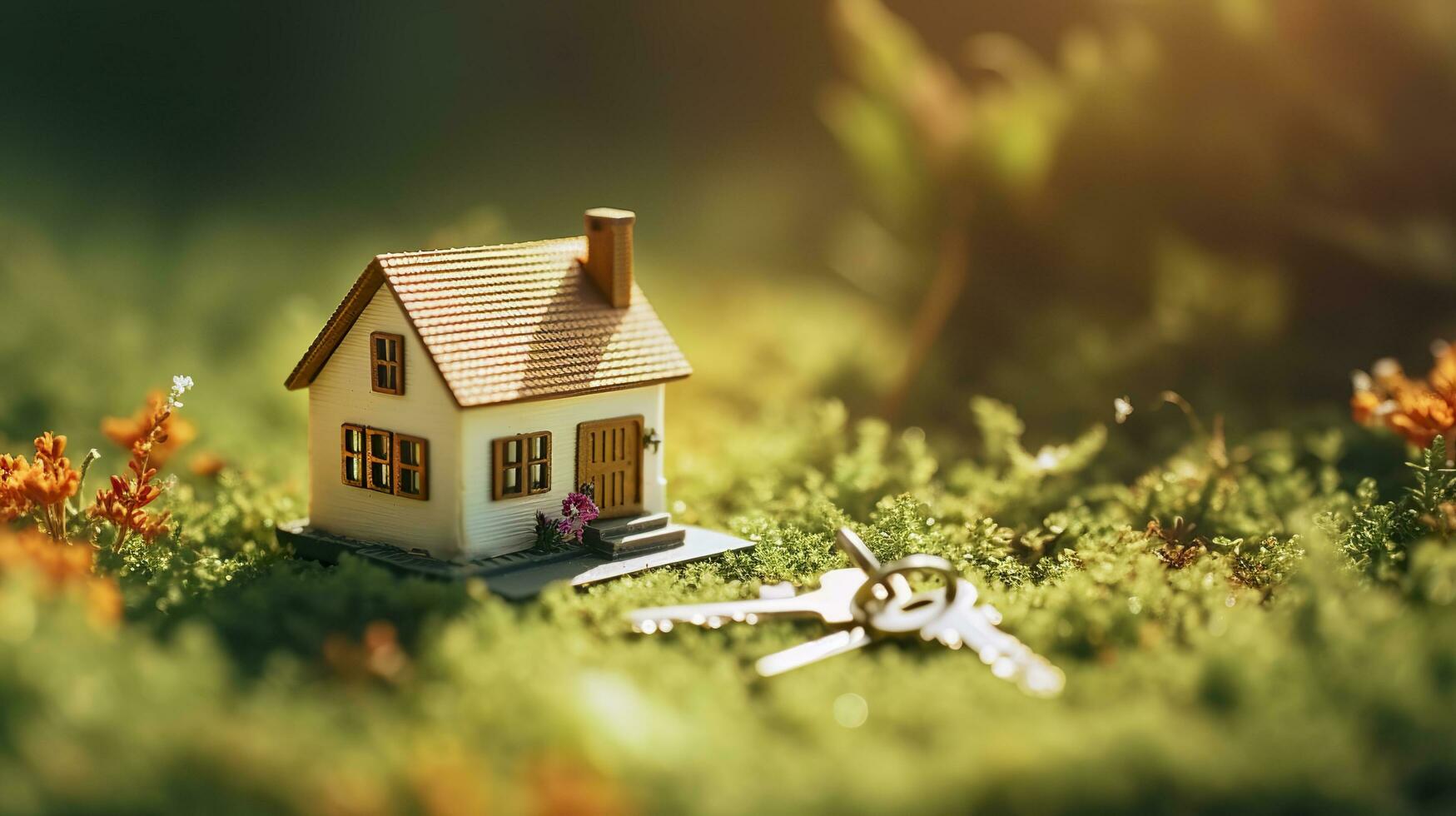 Copy space of home. Small model home on green grass with sunlight. AI Generative photo