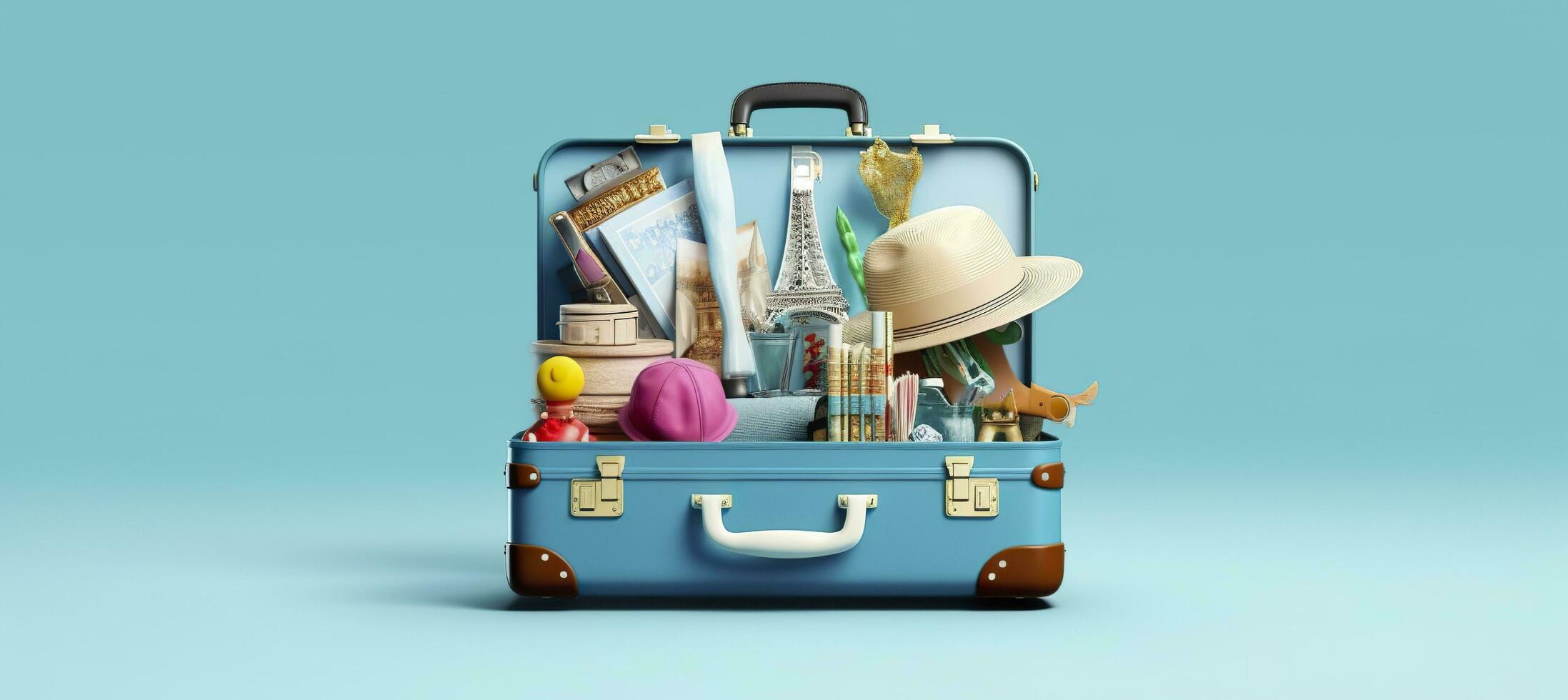 Blue suitcase full of landmarks and travel accessories on blue background. Generative AI photo