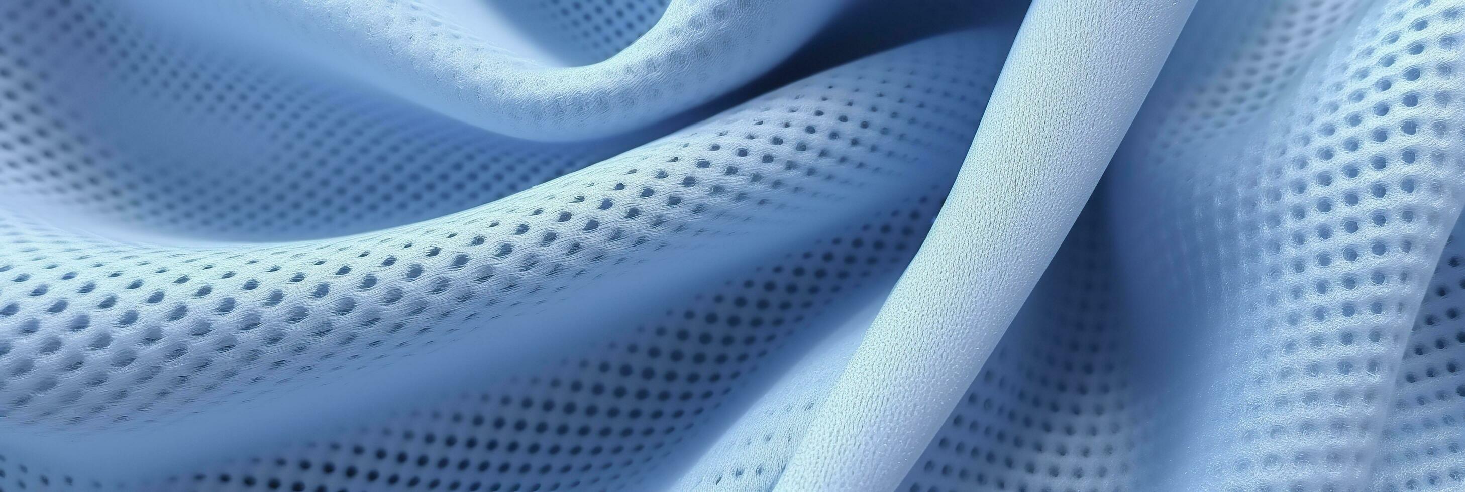 Breathable fabric dry light blue soft mesh holes floating light blue background. Generative AI photo