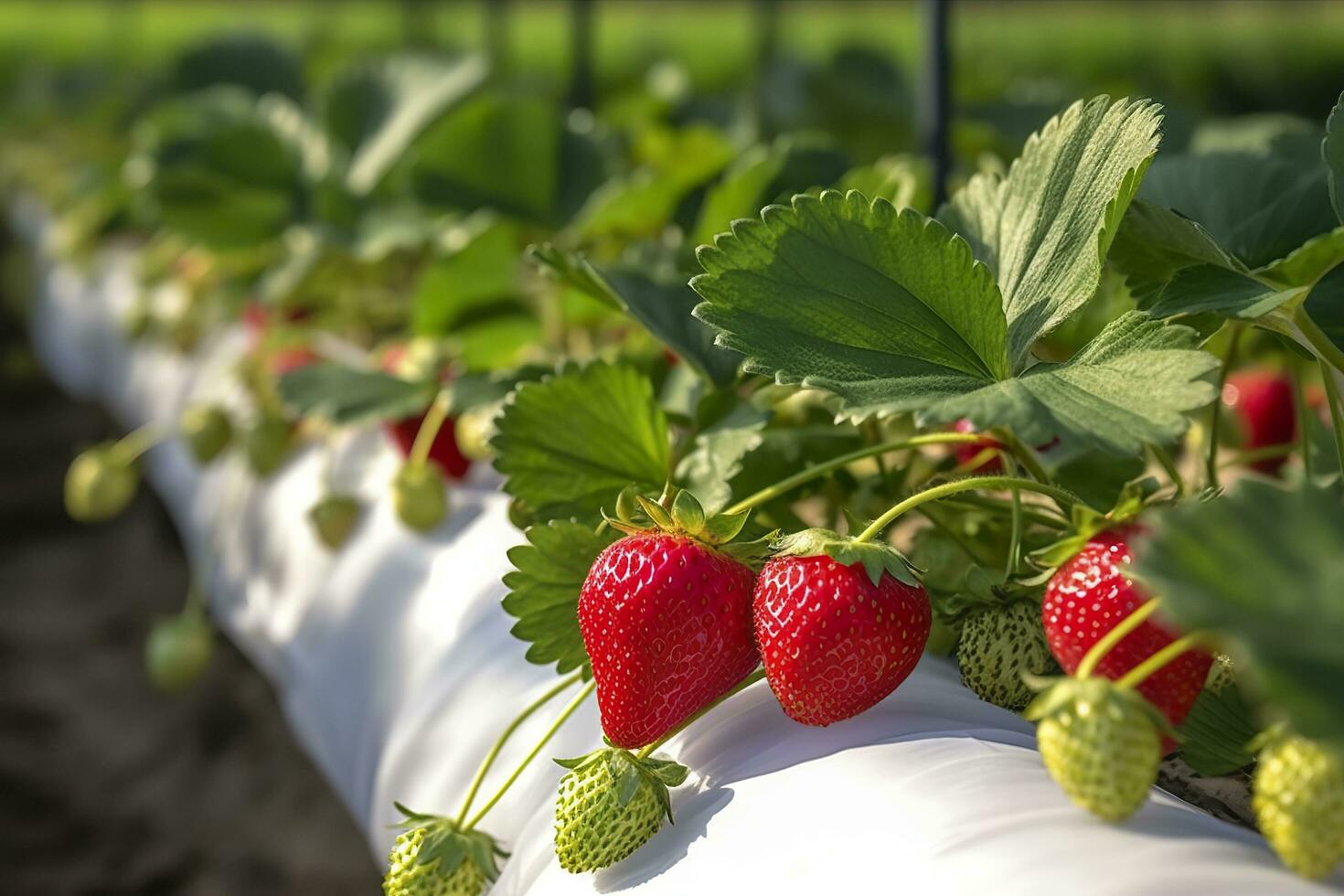 Bush of ripe organic strawberries in the garden. Berry closeup. Generative AI photo