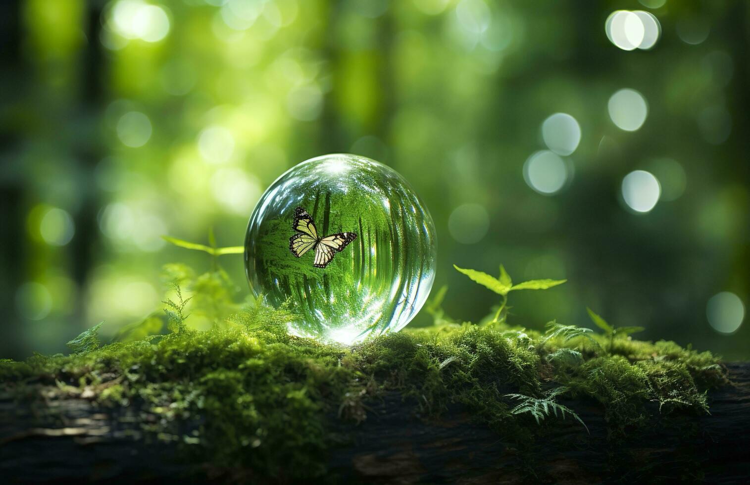 Butterfly and Crystal ball on a tree stump in the forest, natural green background. Generative AI photo