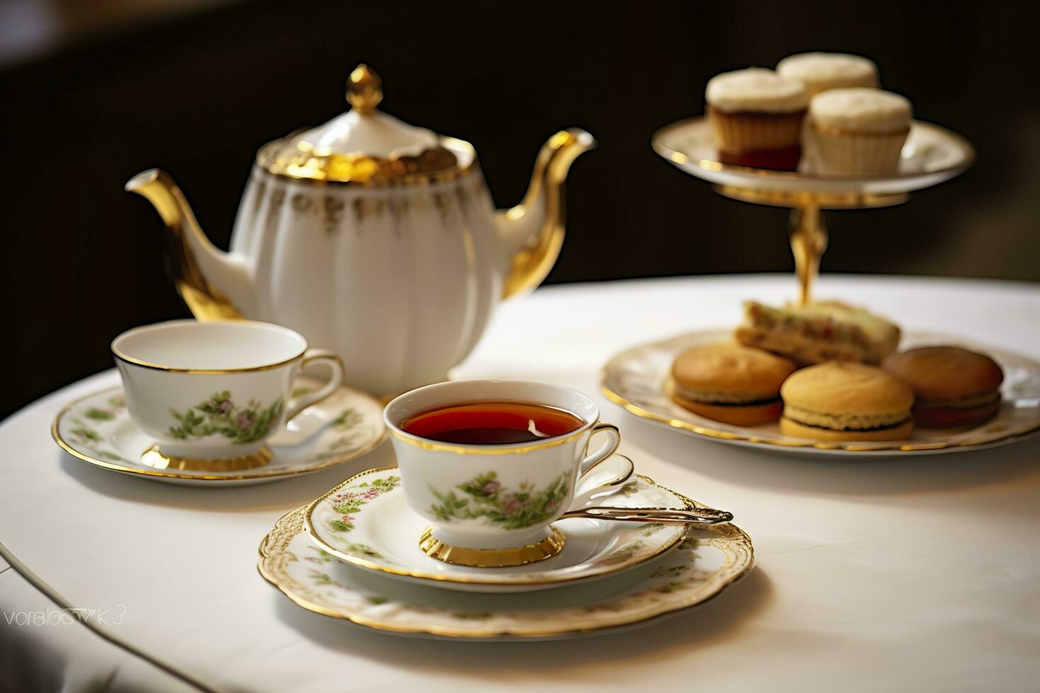 Classical served tea table with biscuits. Generative AI photo