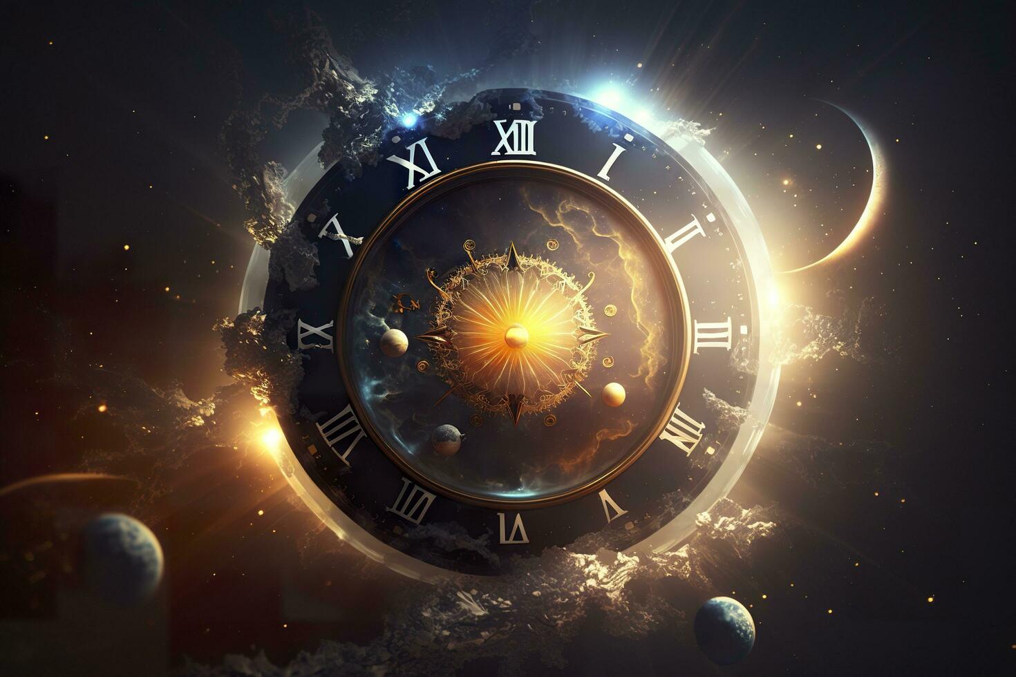 clock in space, time concept. Generative AI photo