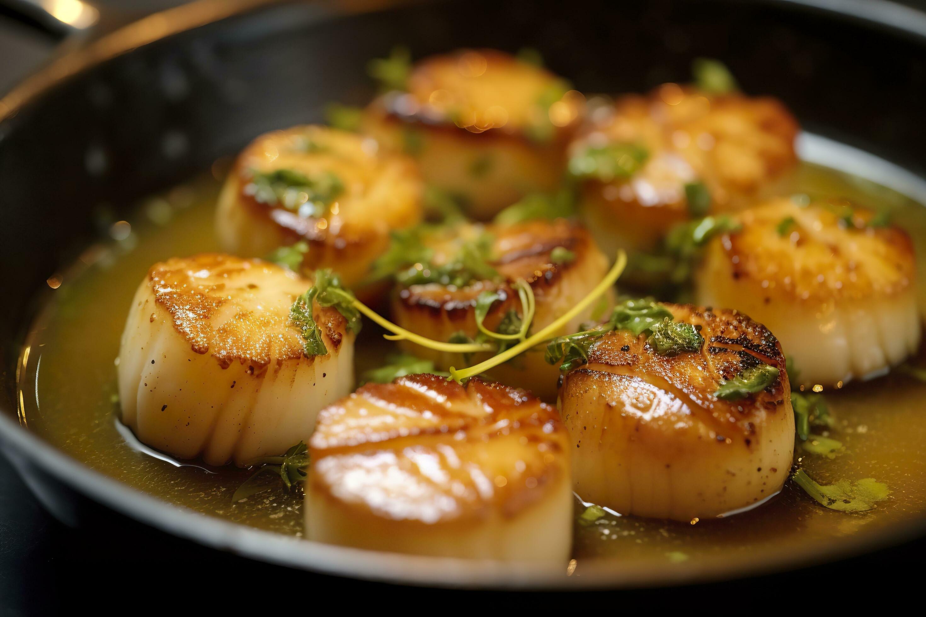 Closeup of pan seared diver scallops with lemon beurre blanc
