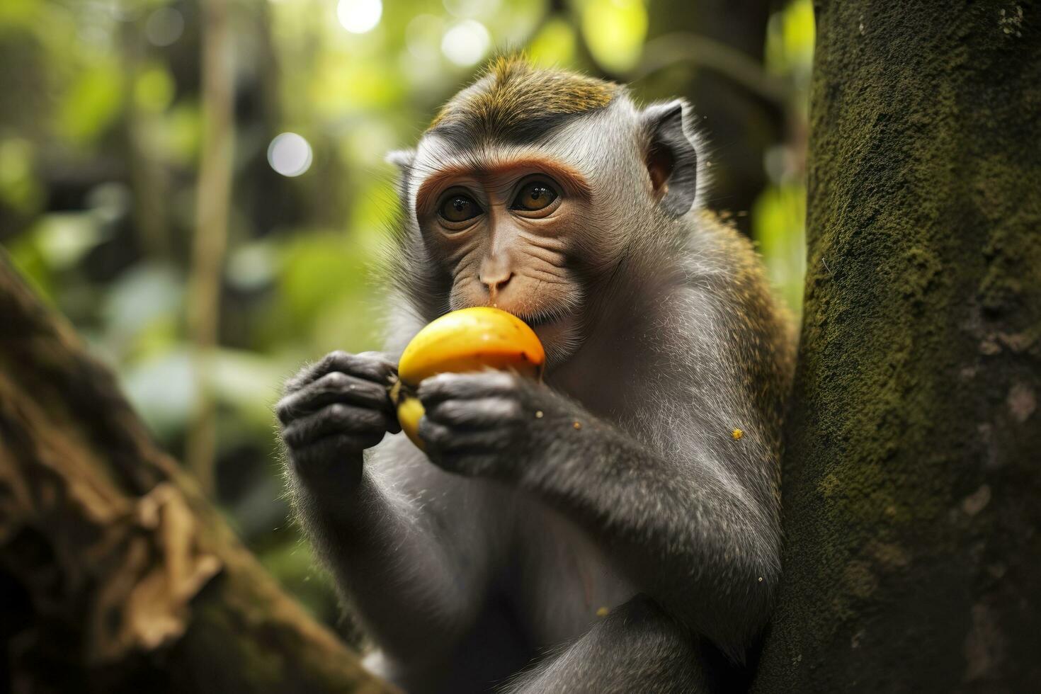 Close up of monkey eating fruit in the jungle. Generative AI photo