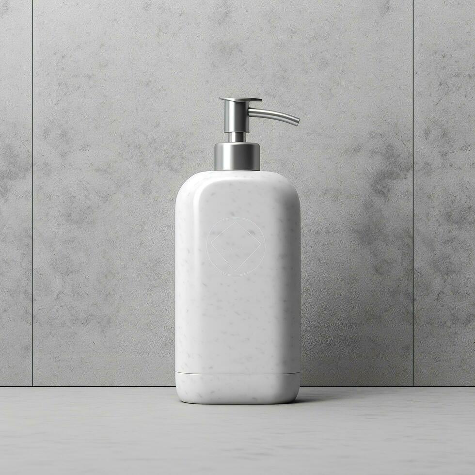 Cosmetic rounded all white soap bottle mockup on white table. AI Generative photo