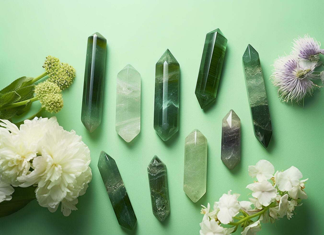 Crystal towers minerals set and white flowers on green abstract background. Generative AI photo