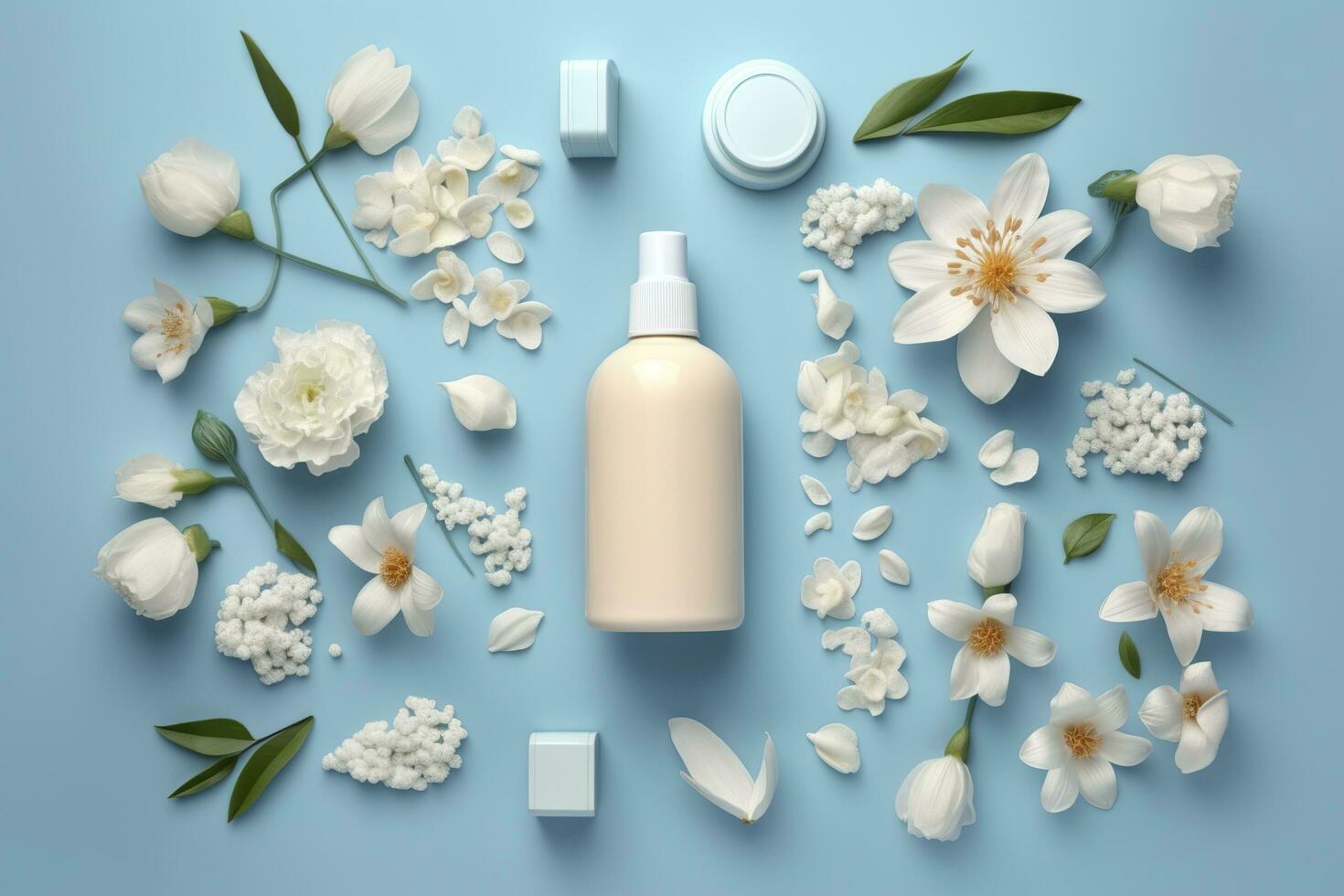 Fresh floral skincare concept. Top view flat lay of pump bottle, pipette, cream bottles, and tubes with flowers on pastel blue background with an empty circle for text or branding. AI Generative photo