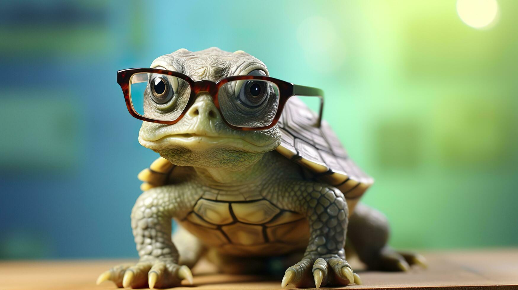 un linda pequeño verde Tortuga con anteojos, generar ai foto