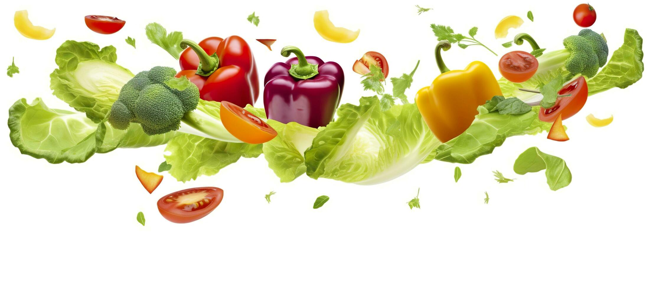 Falling vegetables, salad of bell pepper, tomato, and lettuce leaves. Generative AI photo