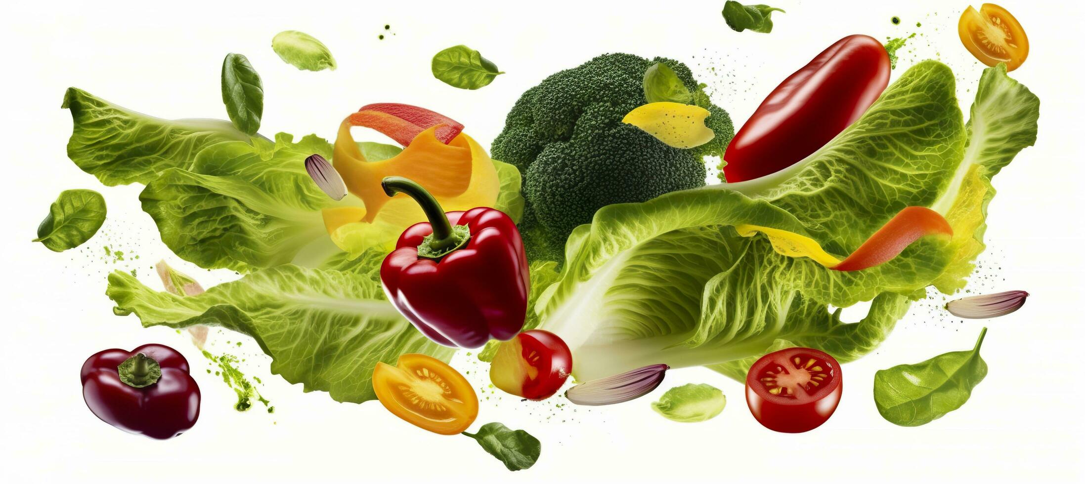 Falling vegetables, salad of bell pepper, tomato, and lettuce leaves. Generative AI photo