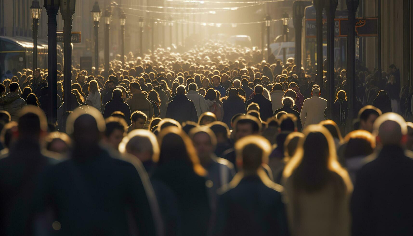 Crowd of people walking busy city street backlit. Generative AI photo