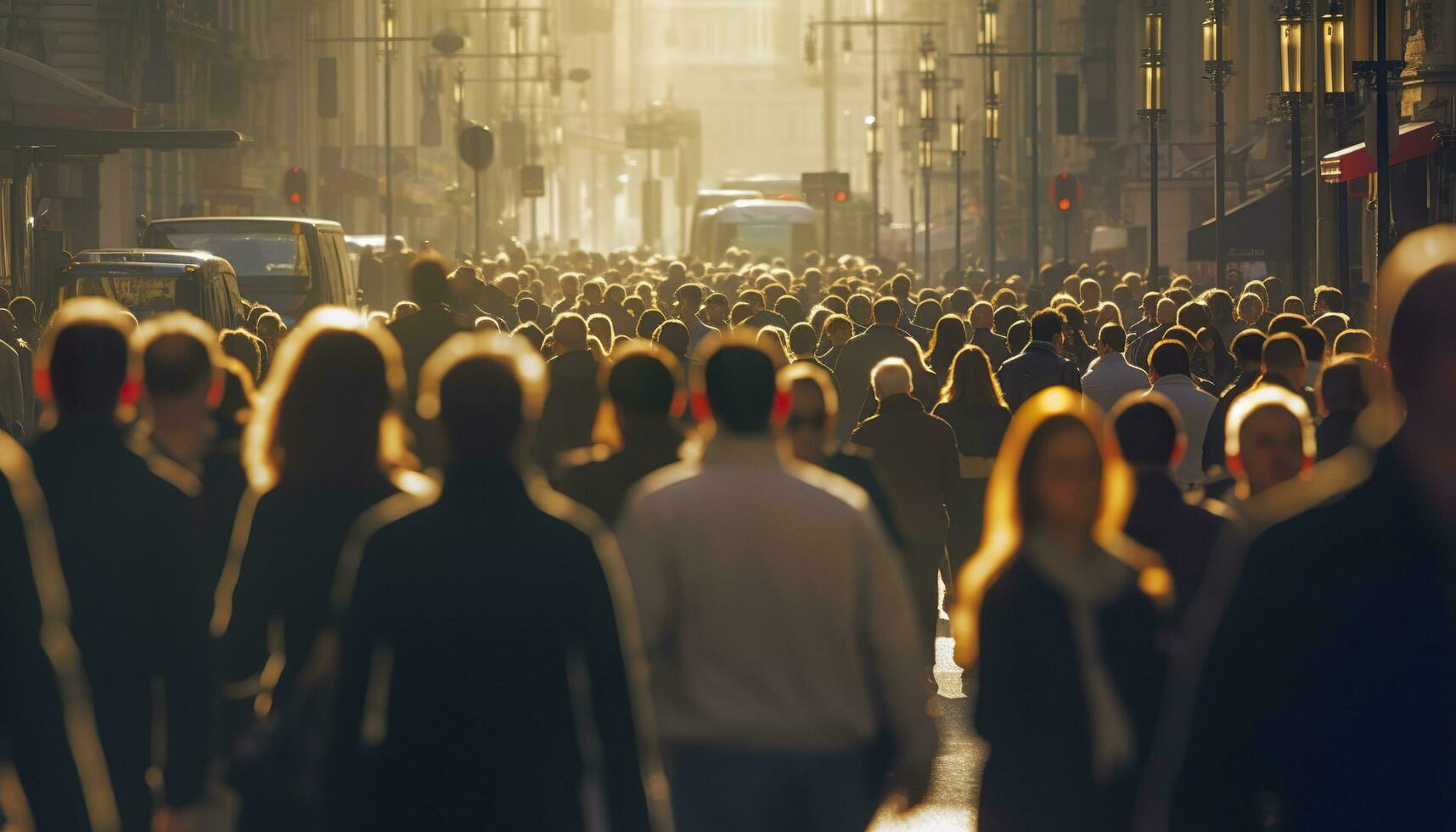 Crowd of people walking busy city street backlit. Generative AI photo