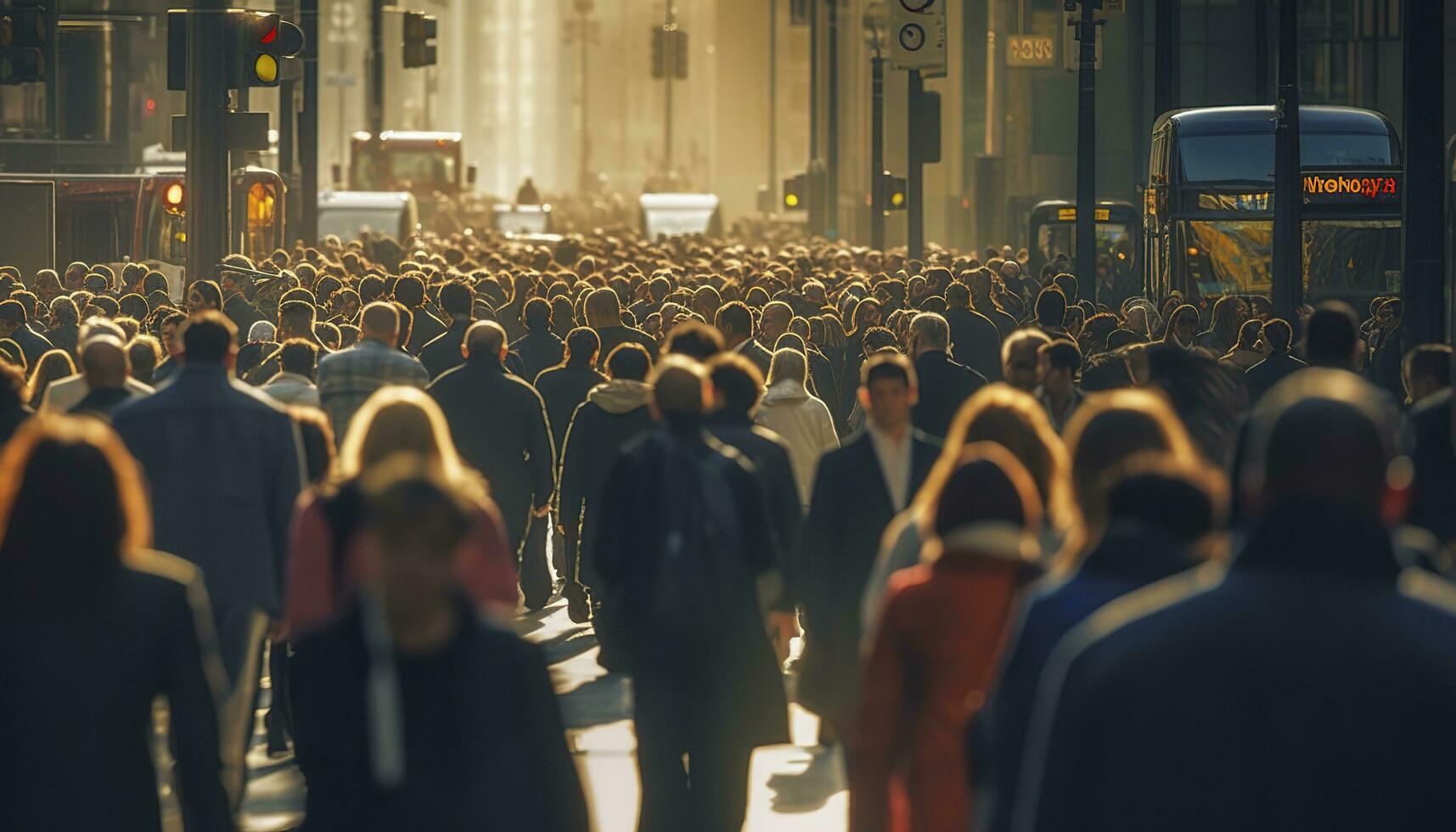 multitud de personas caminando ocupado ciudad calle retroiluminado generativo ai foto