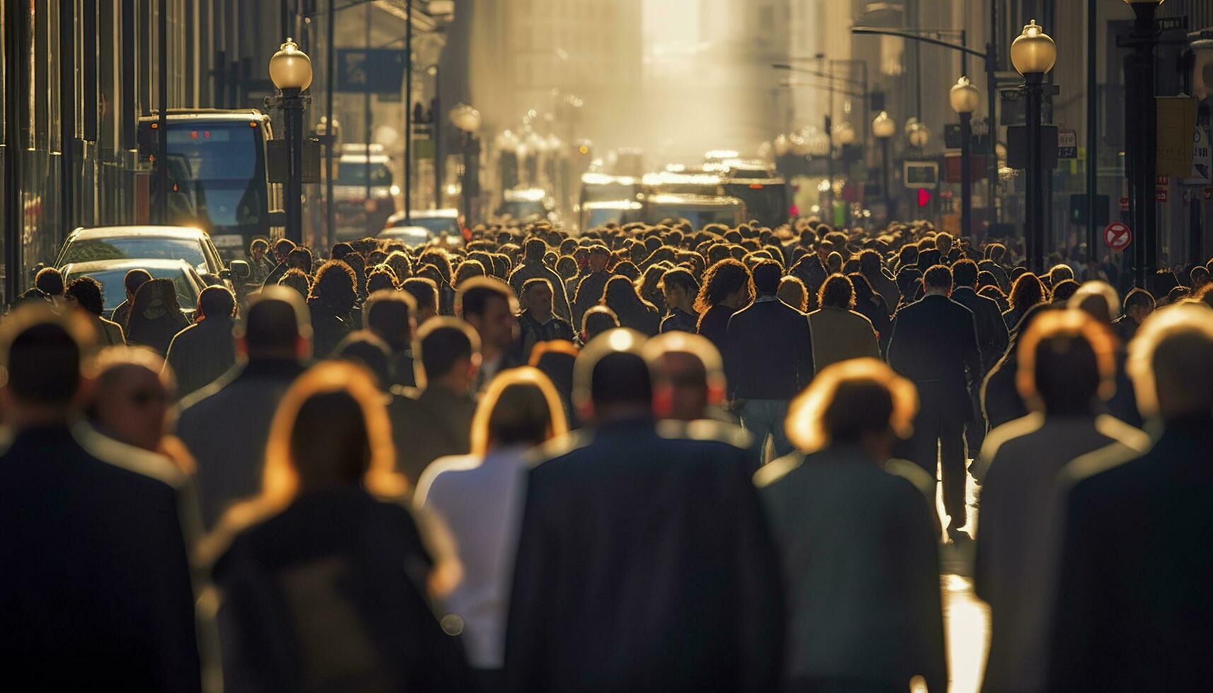 Crowd of people walking busy city street backlit. Generative AI photo