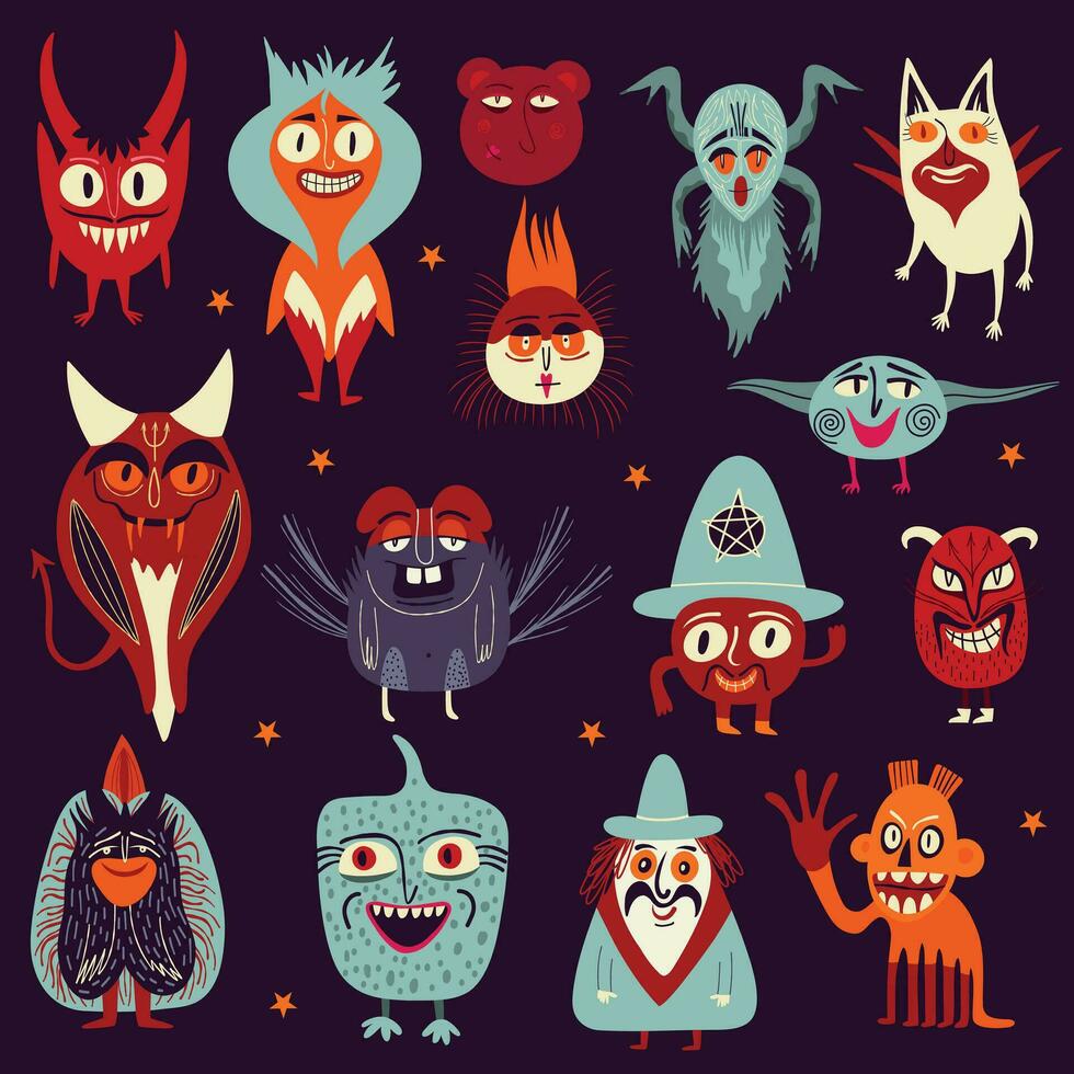 Halloween characters. Cute bizarre comic characters in modern flat hand drawn style vector