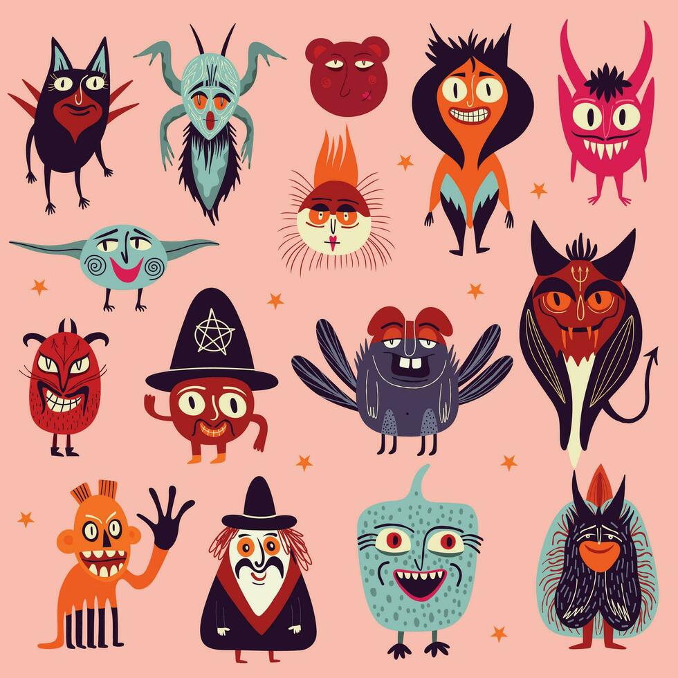 Vibrant Strange ugly Halloween characters. Cute bizarre comic characters in modern flat hand drawn style vector