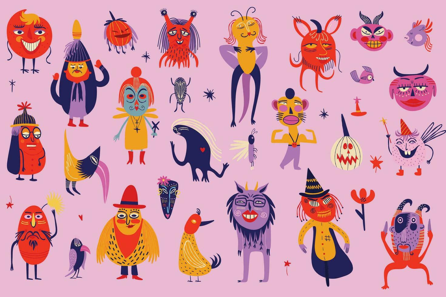 Vibrant Strange ugly Halloween characters. Cute bizarre comic characters in modern flat hand drawn style vector