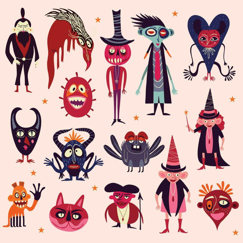 Vibrant Strange ugly Halloween characters. Cute bizarre comic characters in modern flat hand drawn style vector