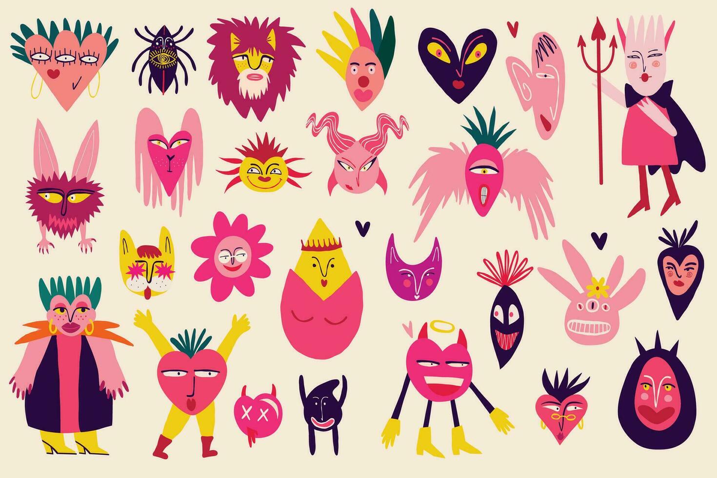 Vibrant Strange ugly Halloween characters. Cute bizarre comic characters in modern flat hand drawn style vector