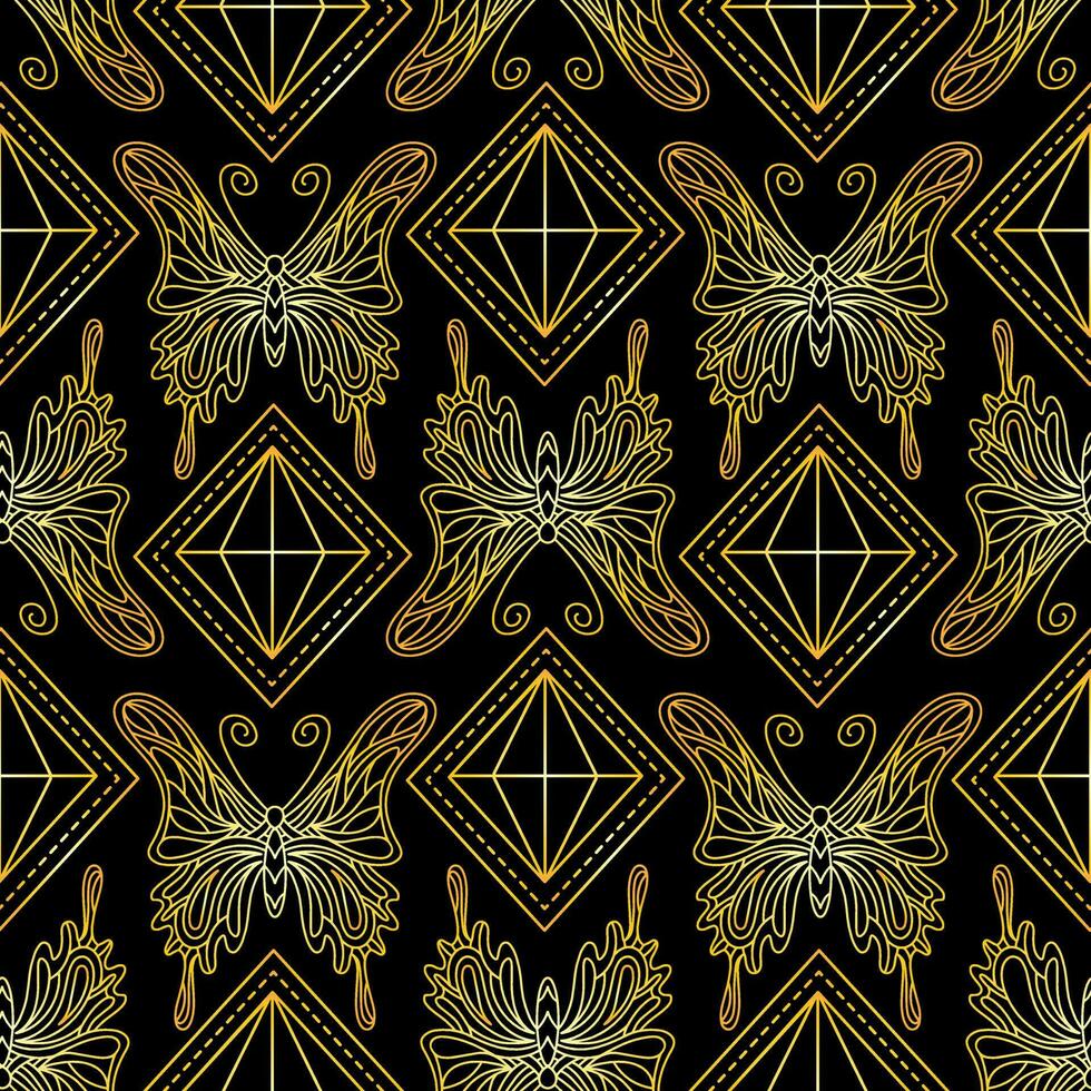 Seamless pattern with golden butterflies and diamonds on a black background. vector