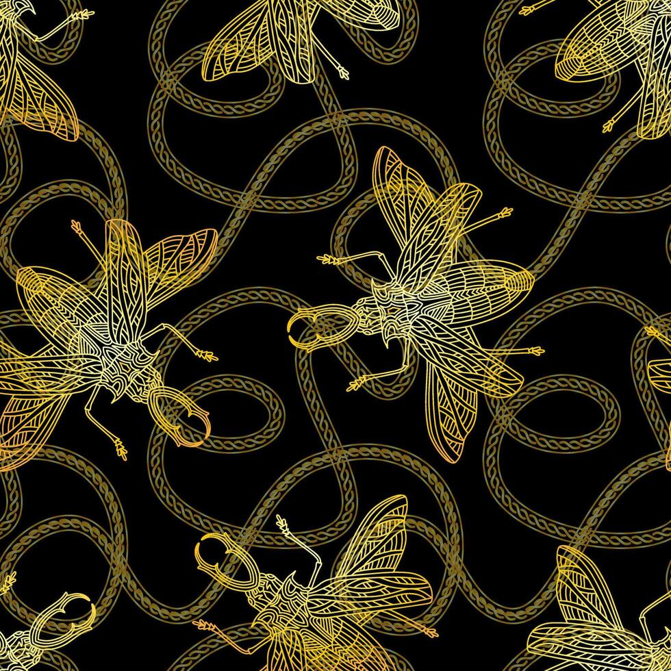 Seamless pattern with golden beetles and chains. vector