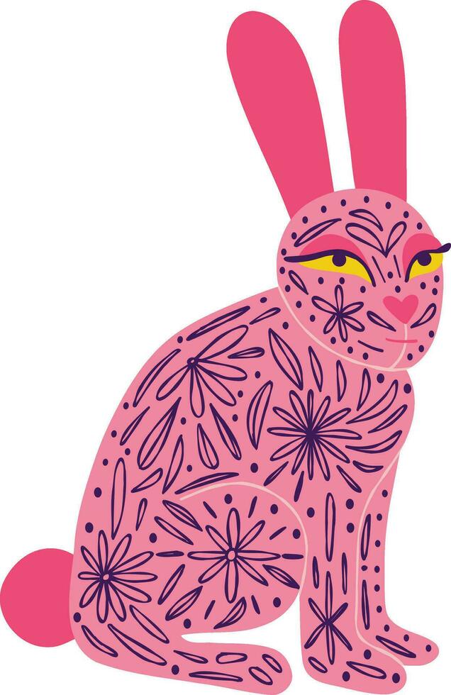 Cute pink rabbit with tattoos Illustration in a modern childish hand-drawn style vector