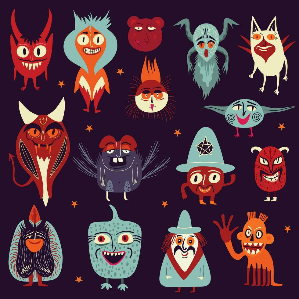 Vibrant Strange ugly Halloween characters. Cute bizarre comic characters in modern flat hand drawn style vector