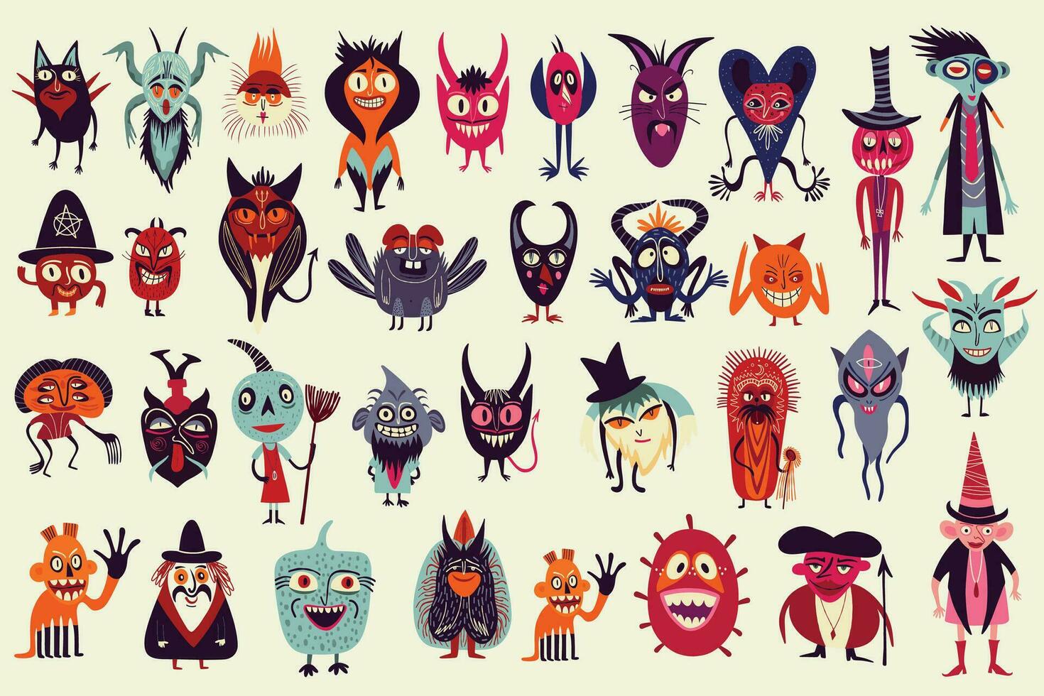 Vibrant Strange ugly Halloween characters. Cute bizarre comic characters in modern flat hand drawn style vector