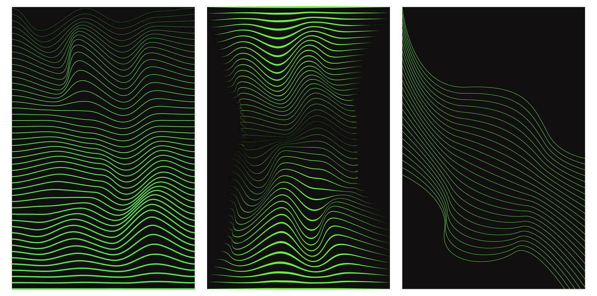 Set of distorted pattern of green neon lines on a black background. Abstract glitch background. Retrowave, vaporwave. Acid green, black colors. Fashion retro 1980s, 90s style. Print, poster, banner. vector