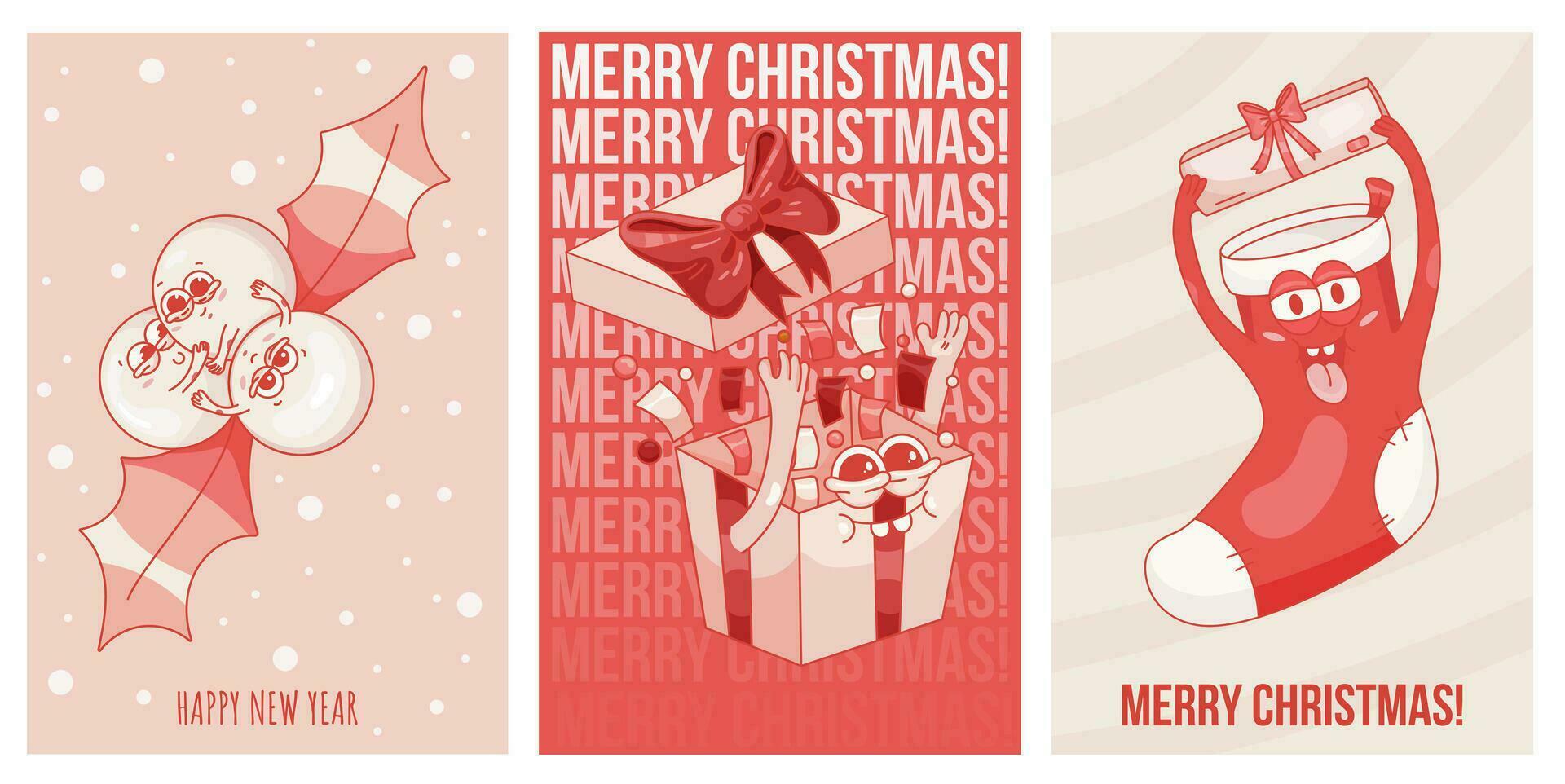 Set of retro New Year Christmas cards with cartoon characters. Cartoon characters, vintage, groovy. Mistletoe berries, gift box, Christmas stocking vector