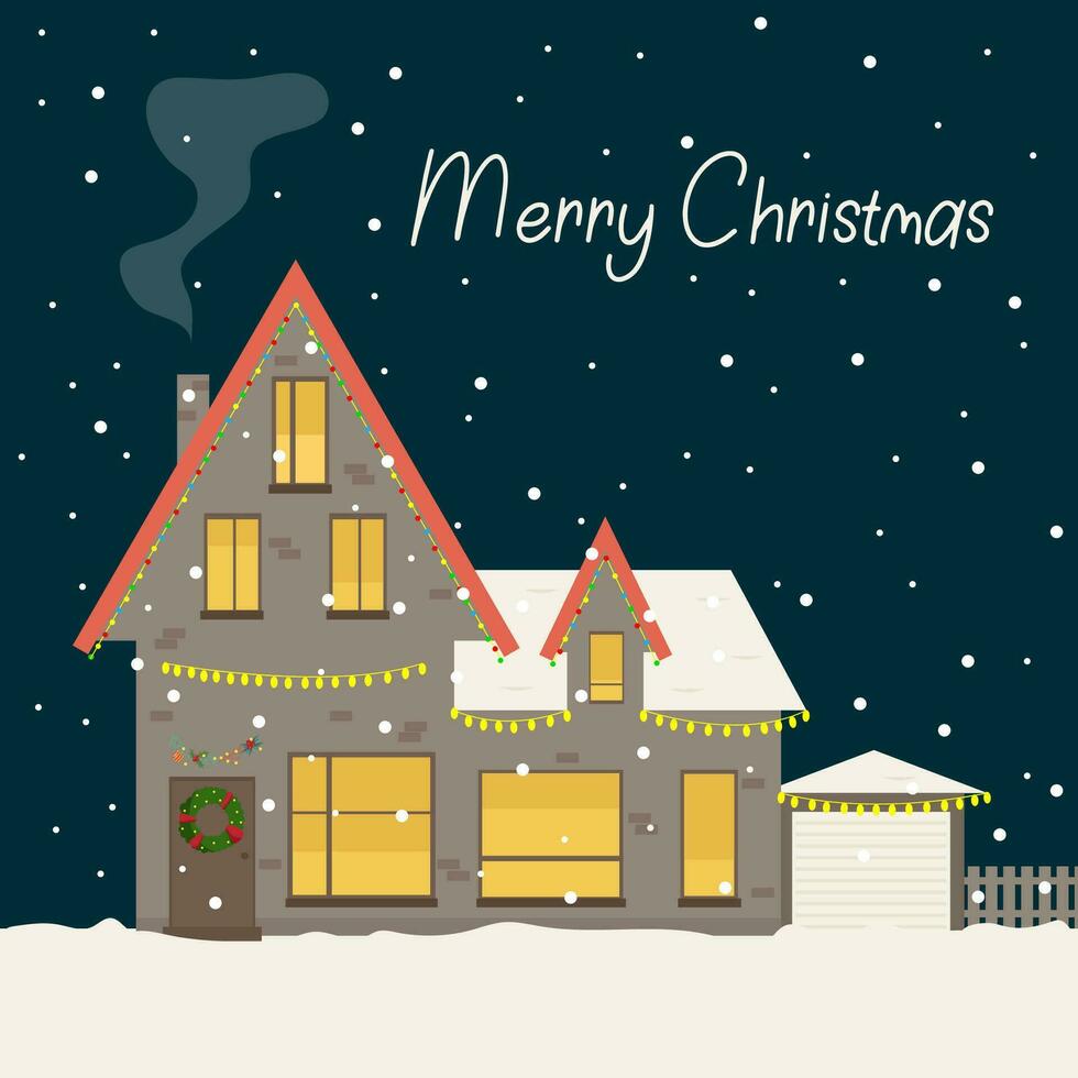 Cute Christmas house Winter village Decorated House town Season Greetings. vector