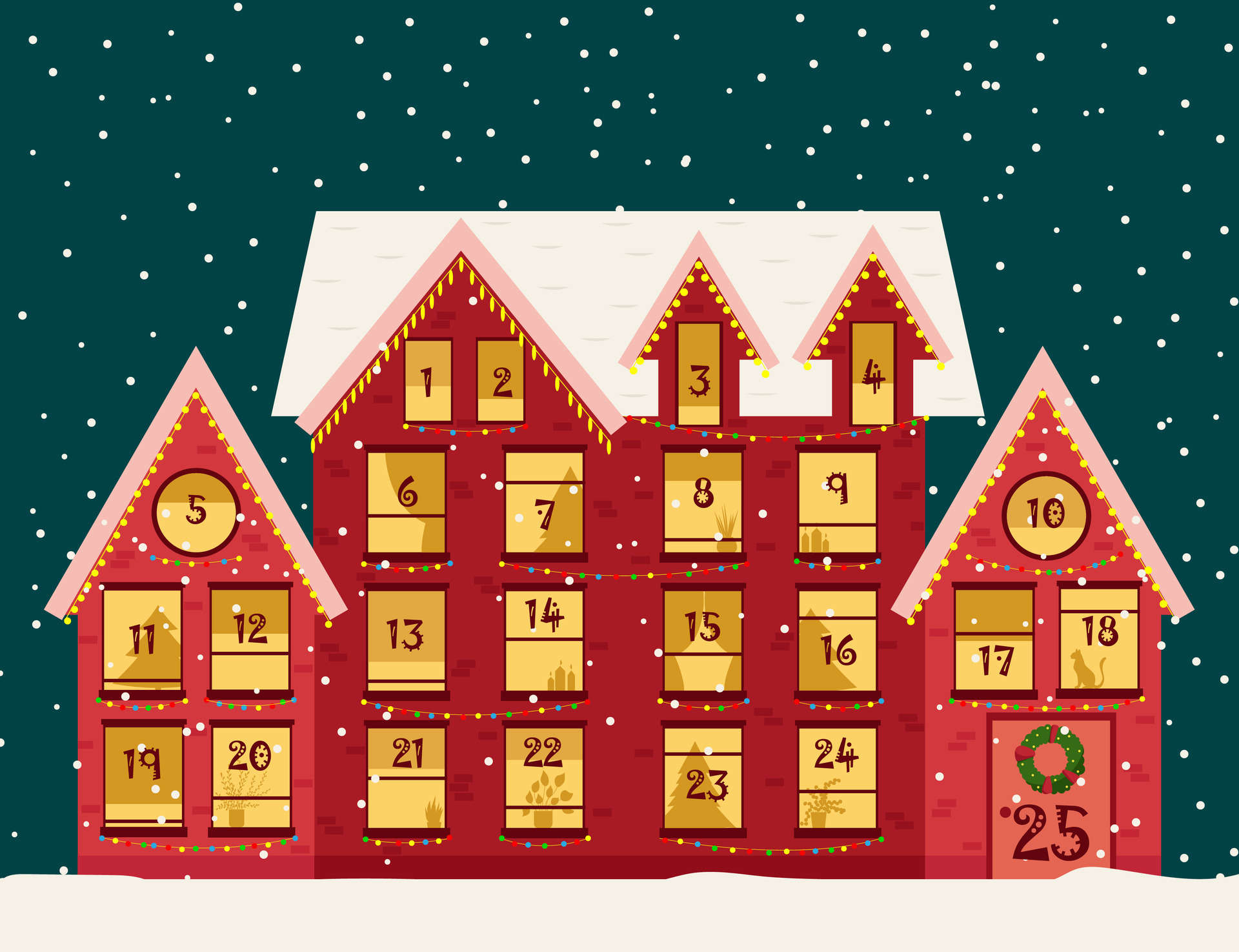 Advent calendar template. Christmas house with countdown windows. Merry Advent calendar template. Christmas house with countdown windows. Merry