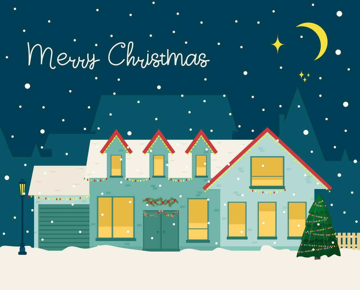 Cute Christmas house Winter village Decorated House town Season Greetings. vector
